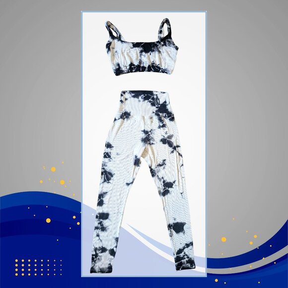 Year of Ours, Leggings & Bra Set, Loungewear Navy Blue/Cream Tie Dye, Sz S - Picture 1 of 5